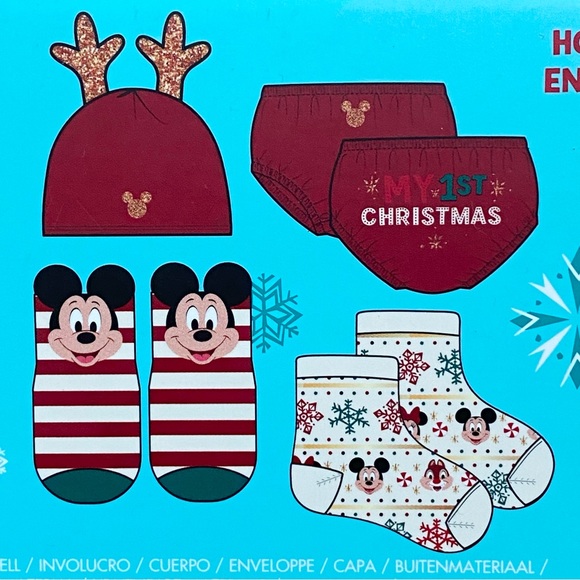 NEW Disney Holiday Accessory Set Baby 0-6 Months Diaper Cover Beanie Socks - Picture 6 of 8